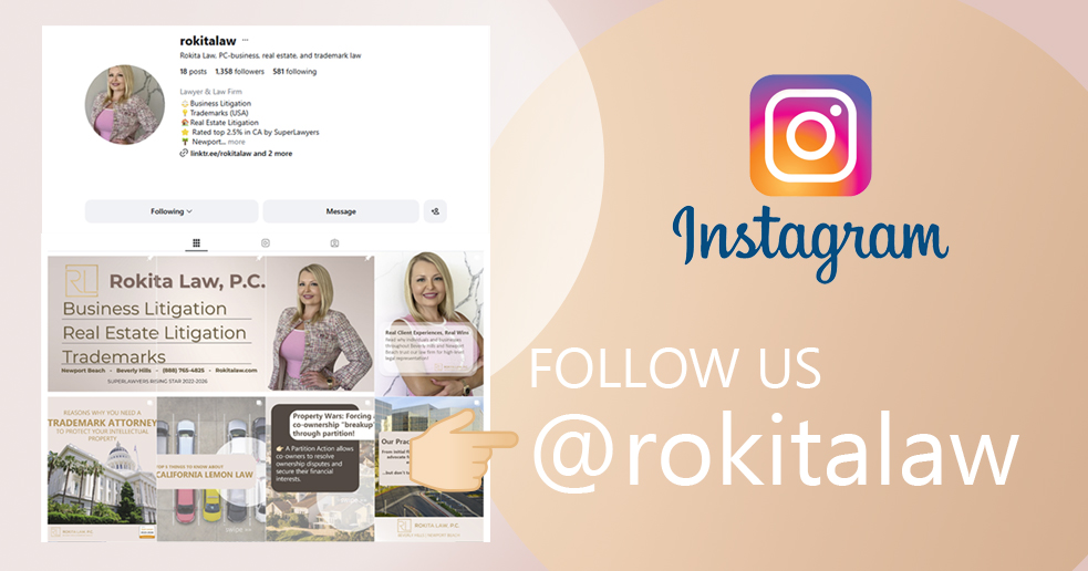 Instagram follow button for Rokita Law PC located in Newport Beach and Beverly Hills, California Real Estate Attorney Civil Lawsuit Civil Litigation attorney newport beach